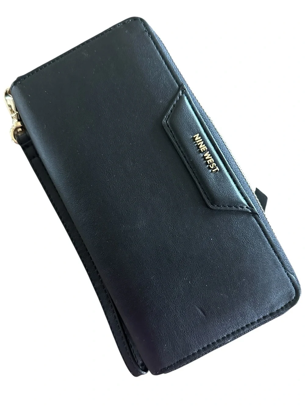 Nine West Black Leather Zip Around Wristlet Wallet Bag Gold Logo Like New